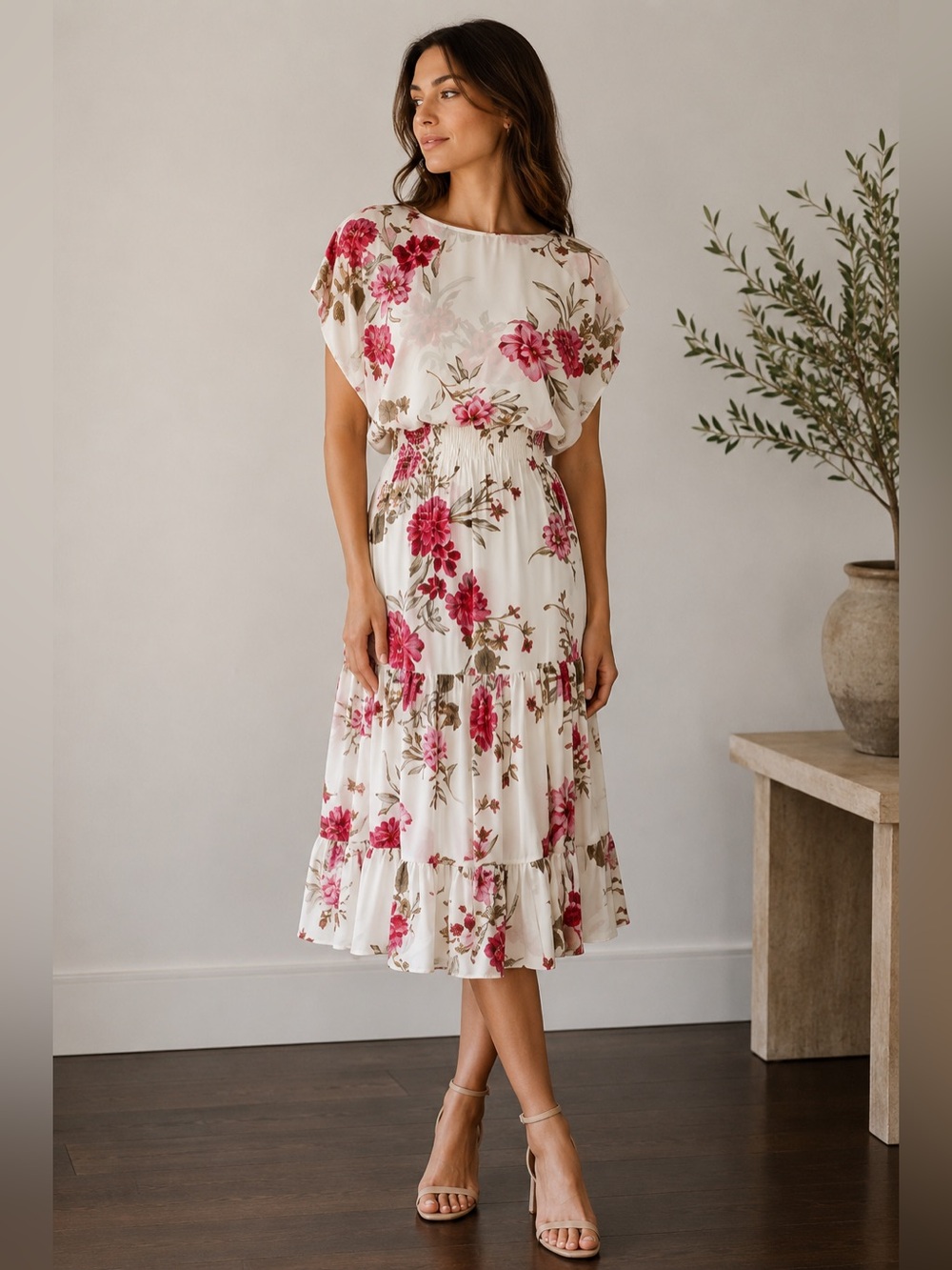 MISA LA Dress S Paulina Cream Pink Floral Print Blouson Cap Sleeve Midi size XS